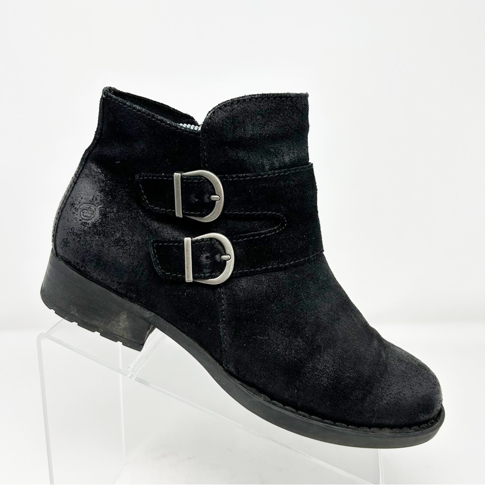 Born Adler Black Suede Leather Comfort Ankle Boots Size 9 Double Buckle Detail
